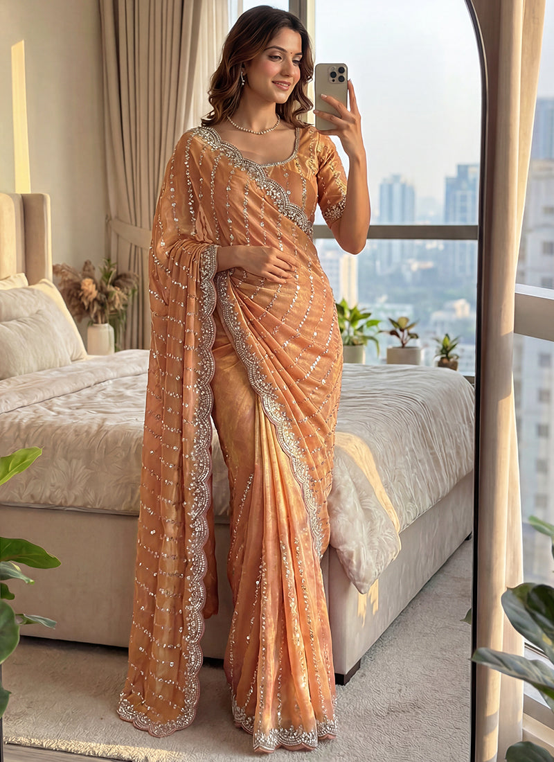 Light Orange Fendi Satin Sequins Work Festival Wear Saree SW210519