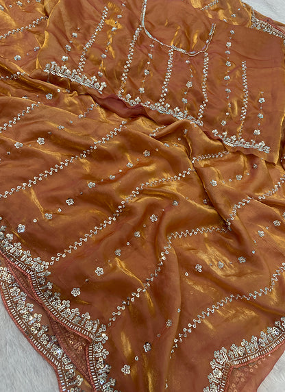 Light Orange Fendi Satin Sequins Work Festival Wear Saree SW210519