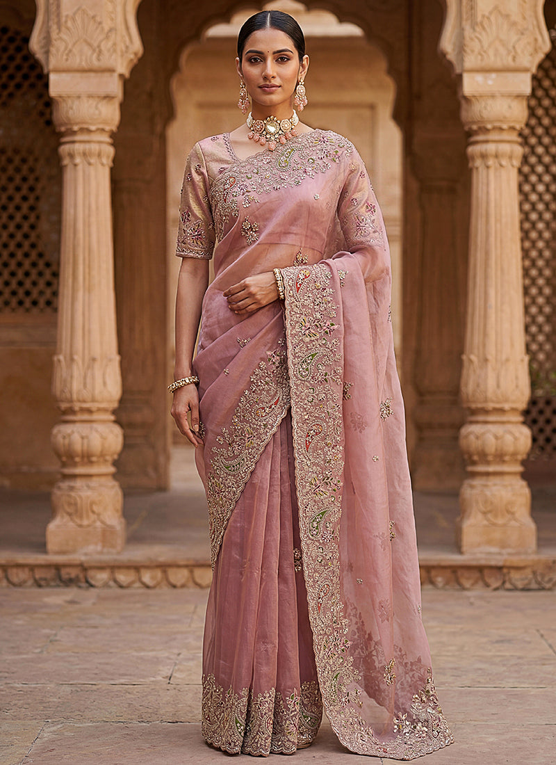 Light Peach Silk Embroidery Work Wedding Wear Saree SW299117