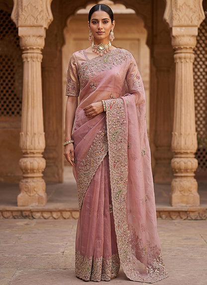 Light Peach Silk Embroidery Work Wedding Wear Saree SW299117