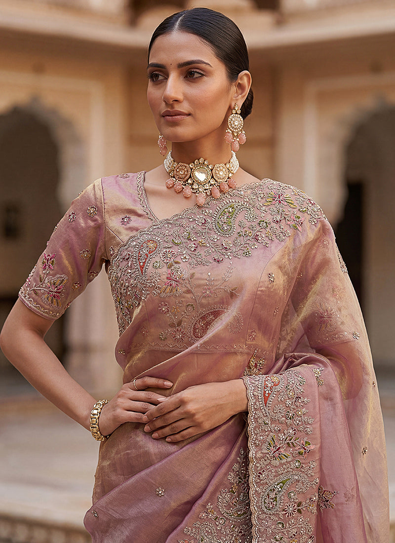 Light Peach Silk Embroidery Work Wedding Wear Saree SW299117