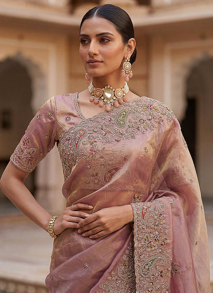 Light Peach Silk Embroidery Work Wedding Wear Saree SW299117