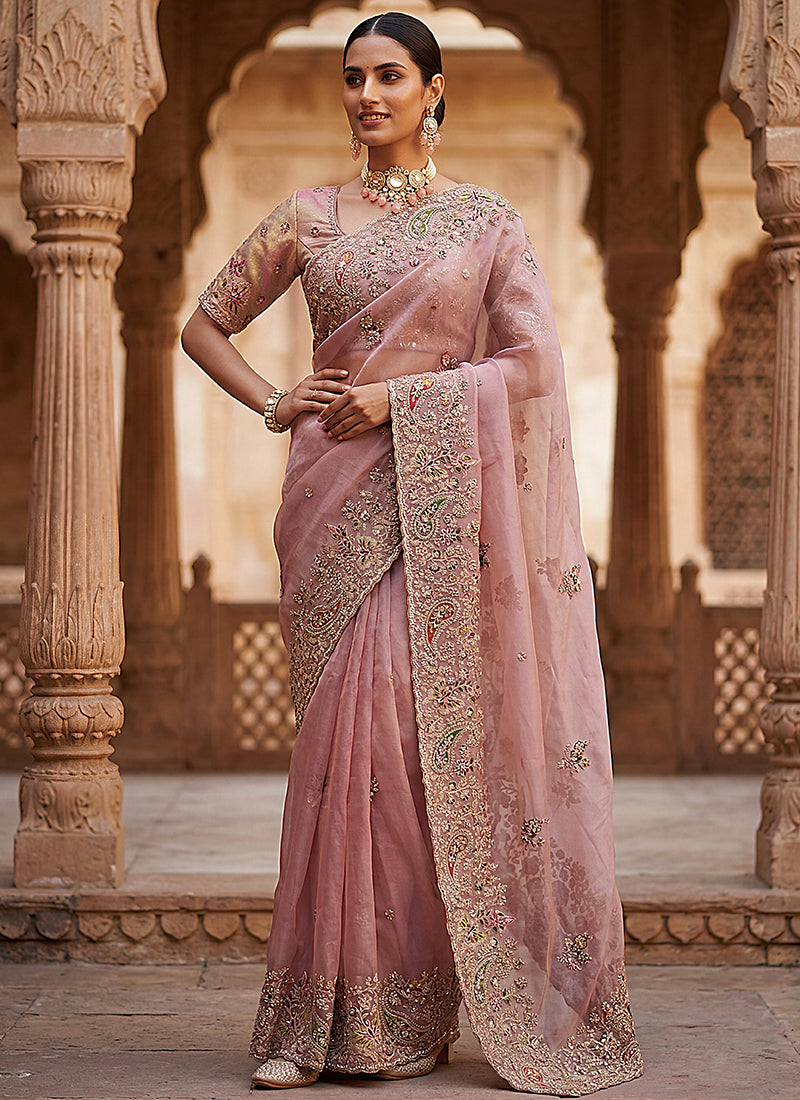 Light Peach Silk Embroidery Work Wedding Wear Saree SW299117