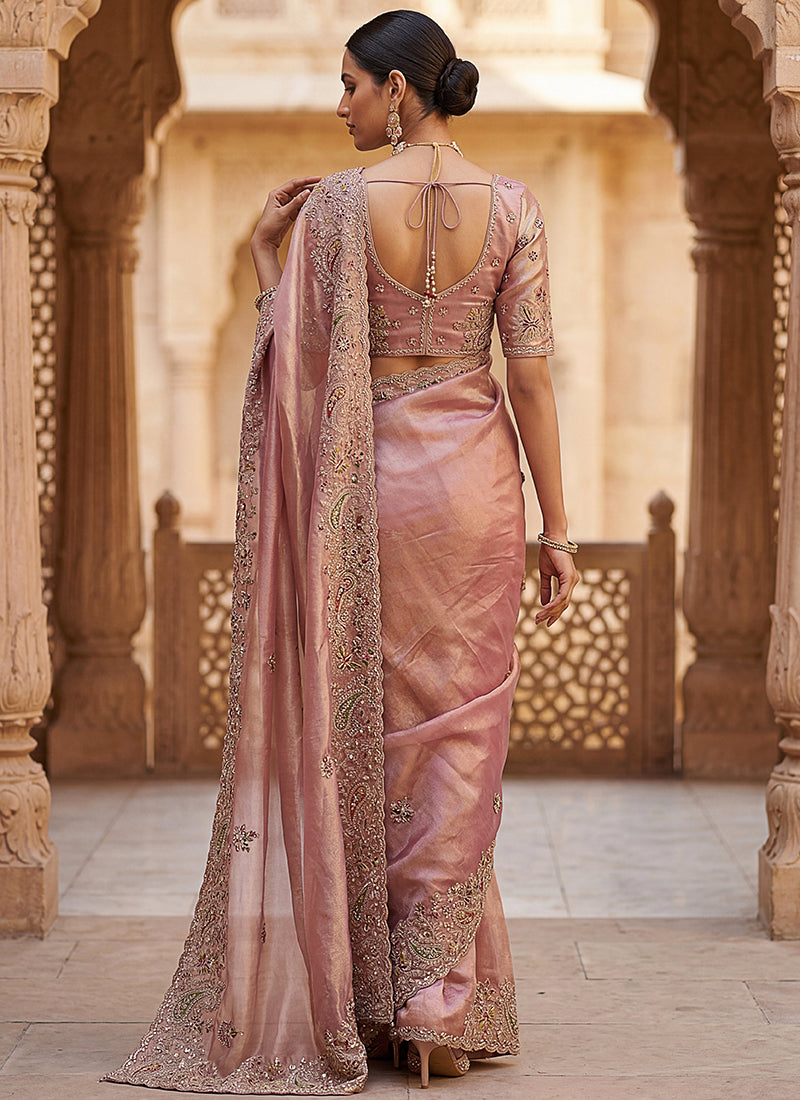 Light Peach Silk Embroidery Work Wedding Wear Saree SW299117