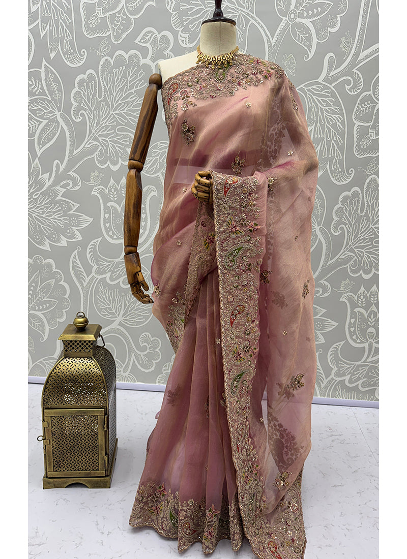 Light Peach Silk Embroidery Work Wedding Wear Saree SW299117