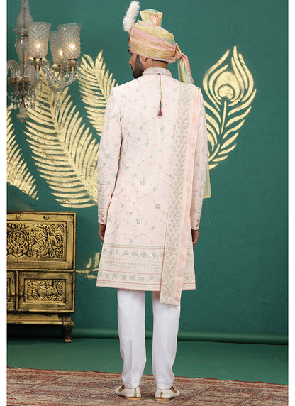 Art Silk Light Pink Groom Wear Thread Work Readymade Groom Sherwani 385483