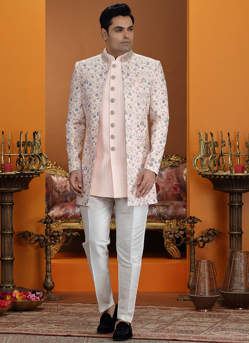 Art Silk Light Pink Party Wear Computer Thread Work Readymade IndoWestern Sherwani 387374