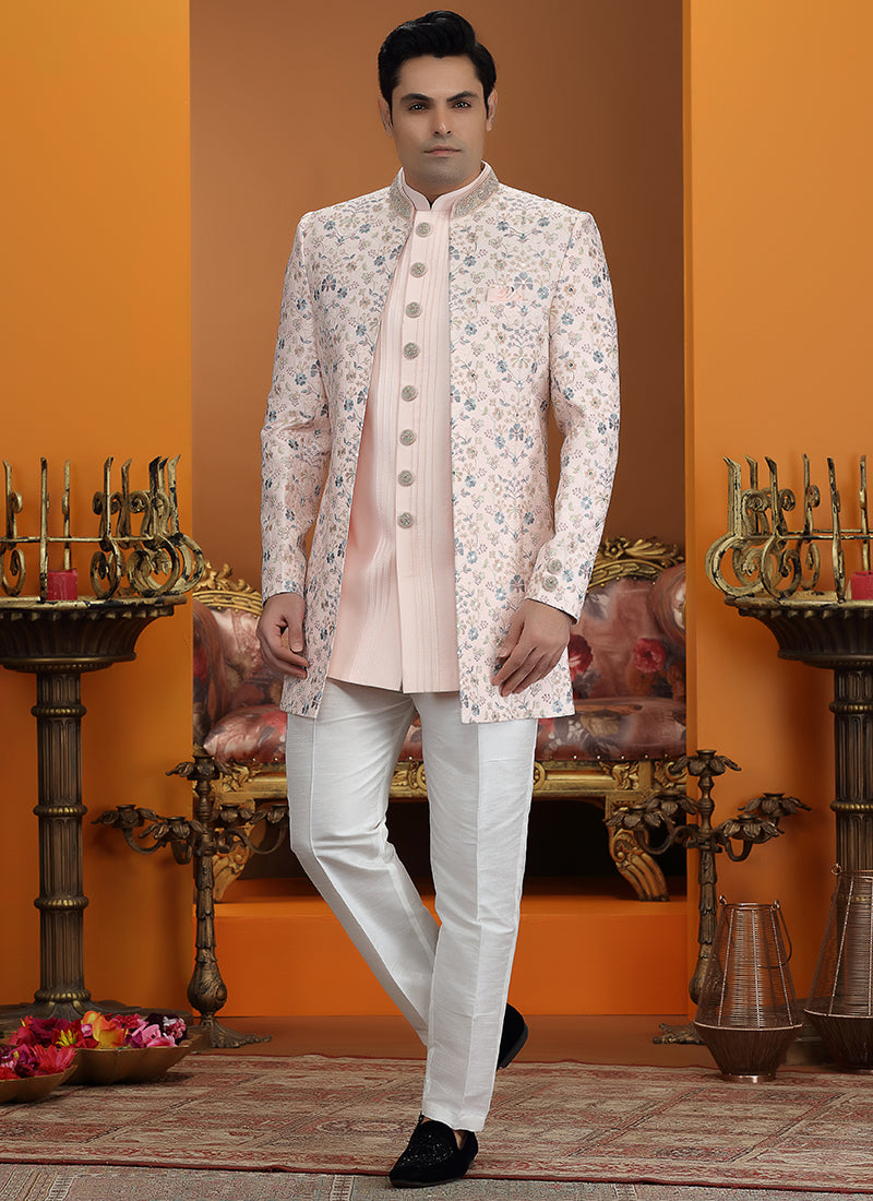 Art Silk Light Pink Party Wear Computer Thread Work Readymade IndoWestern Sherwani 387374