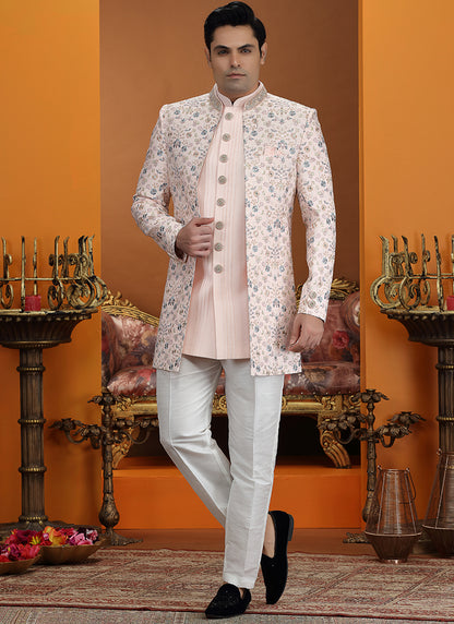 Art Silk Light Pink Party Wear Computer Thread Work Readymade IndoWestern Sherwani 387374