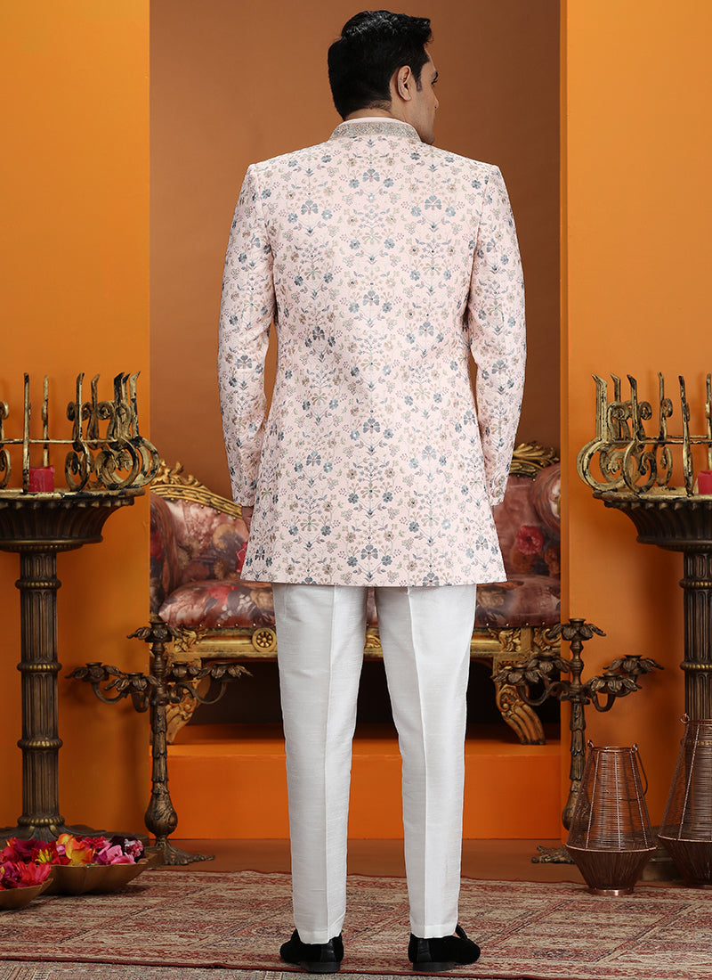 Art Silk Light Pink Party Wear Computer Thread Work Readymade IndoWestern Sherwani 387374