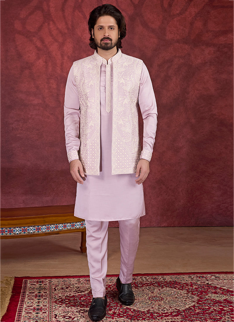 Art Silk Light Pink Wedding Wear Embroidery Work Readymade IndoWestern Sherwani 387385