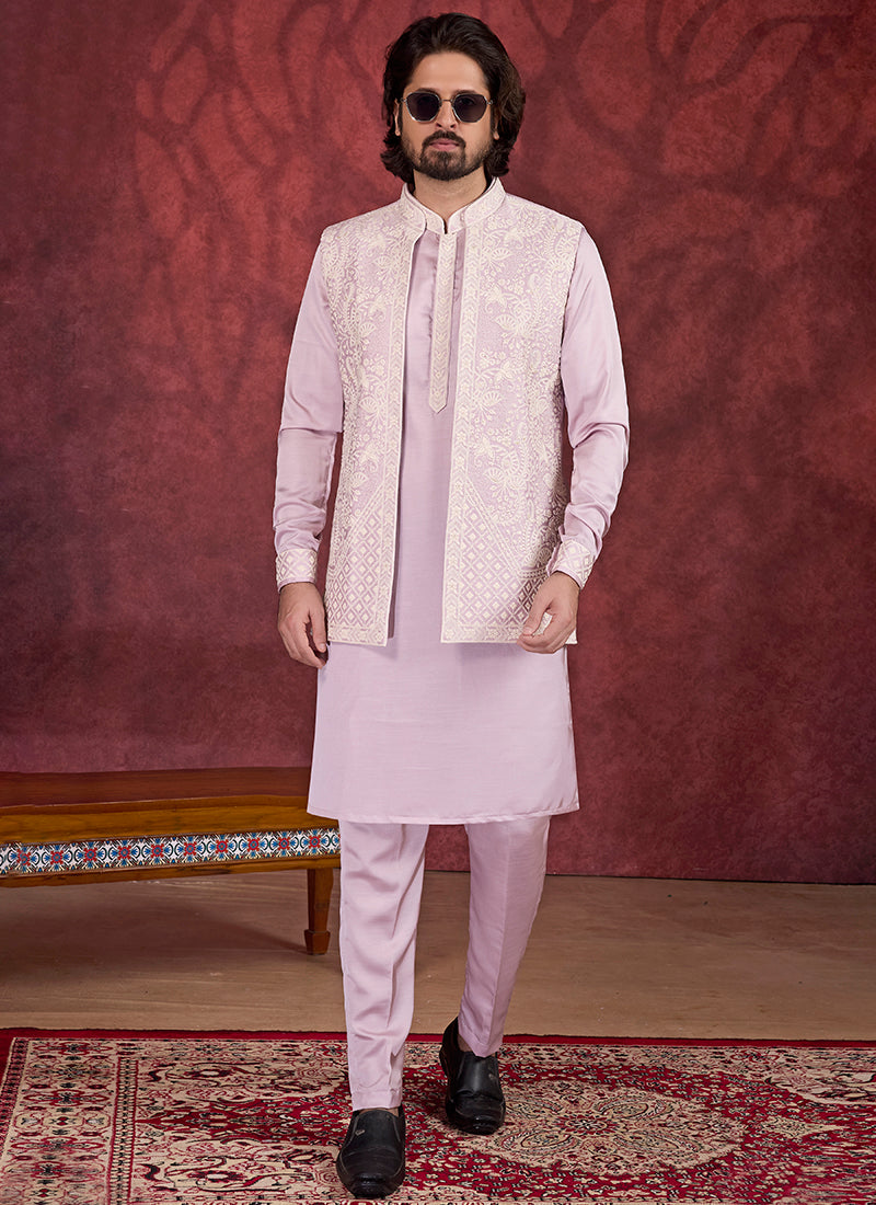Art Silk Light Pink Wedding Wear Embroidery Work Readymade IndoWestern Sherwani 387385