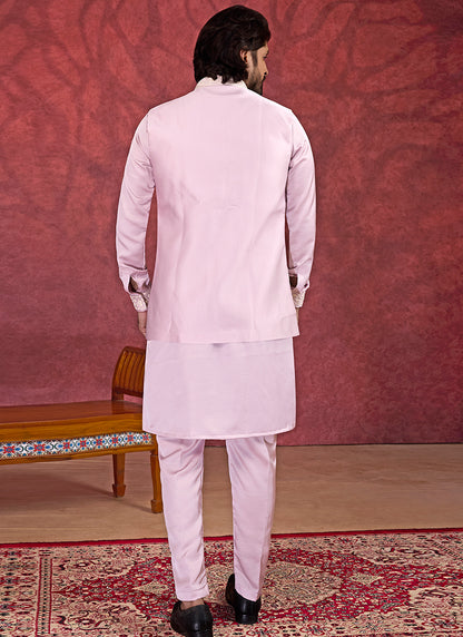 Art Silk Light Pink Wedding Wear Embroidery Work Readymade IndoWestern Sherwani 387385