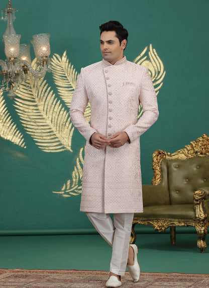 Art Silk Light Pink Wedding Wear Hand Embroidery Readymade Groom Sherwani 386002