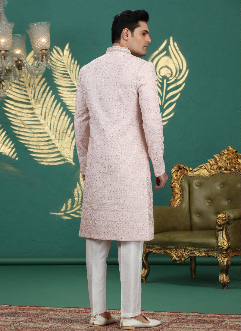 Art Silk Light Pink Wedding Wear Hand Embroidery Readymade Groom Sherwani 386002