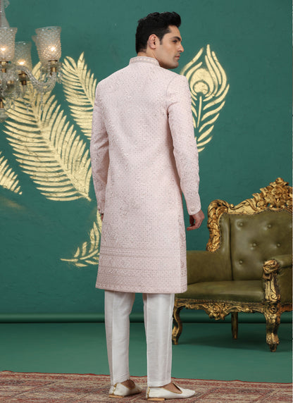 Art Silk Light Pink Wedding Wear Hand Embroidery Readymade Groom Sherwani 386002