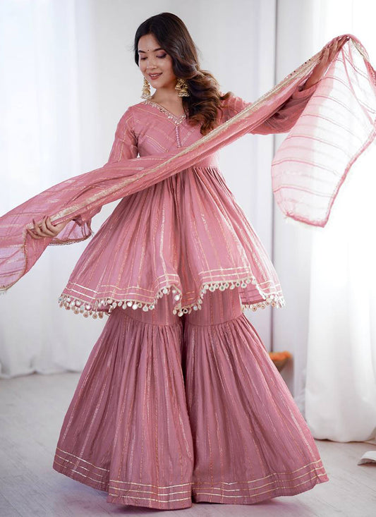 Chanderi Light Pink Festival Wear Sequins Work Readymade Sharara Suit 390690