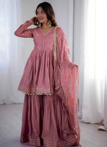 Chanderi Light Pink Festival Wear Sequins Work Readymade Sharara Suit 390690