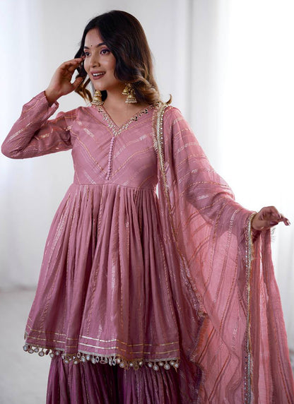 Chanderi Light Pink Festival Wear Sequins Work Readymade Sharara Suit 390690