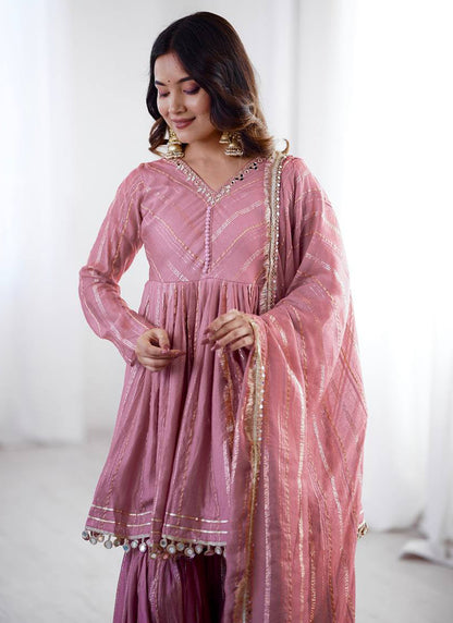 Chanderi Light Pink Festival Wear Sequins Work Readymade Sharara Suit 390690