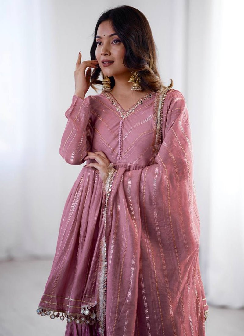 Chanderi Light Pink Festival Wear Sequins Work Readymade Sharara Suit 390690