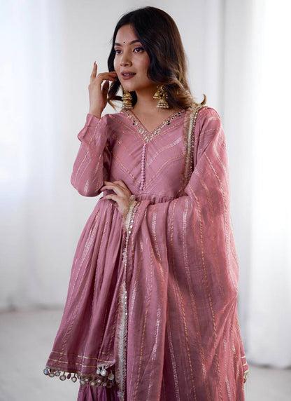 Chanderi Light Pink Festival Wear Sequins Work Readymade Sharara Suit 390690