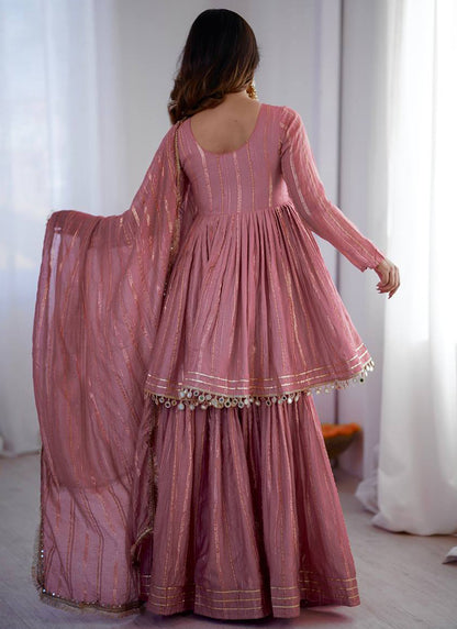 Chanderi Light Pink Festival Wear Sequins Work Readymade Sharara Suit 390690