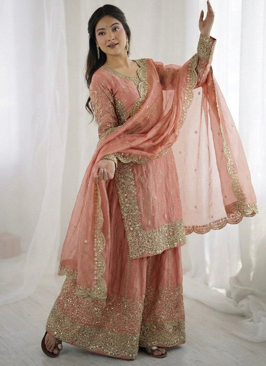 Light Pink Fendy Silk Embroidery Work Occasional Wear Readymade Plazzo Suit SW725985