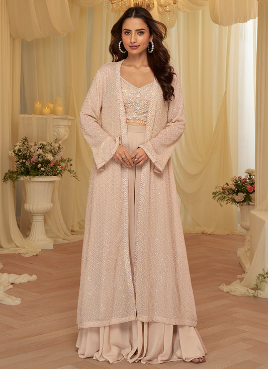 Light Pink Georgette Embroidery Work Festival Wear Readymade Plazzo Suit SW731298