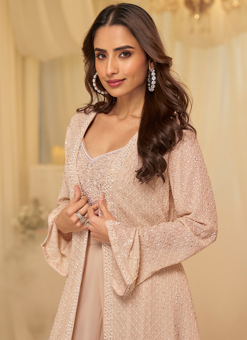 Light Pink Georgette Embroidery Work Festival Wear Readymade Plazzo Suit SW731298