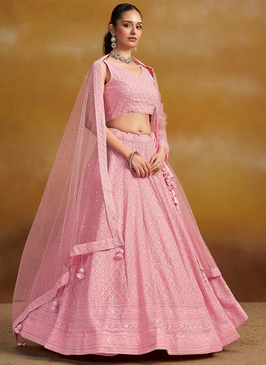 Georgette Light Pink Wedding Wear Thread Embroidery Work Lehenga Choli 385595