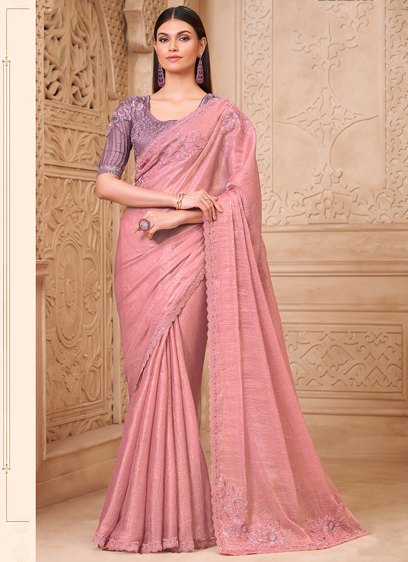 Georgette Light Pink Party Wear Embroidery Work Saree 385714