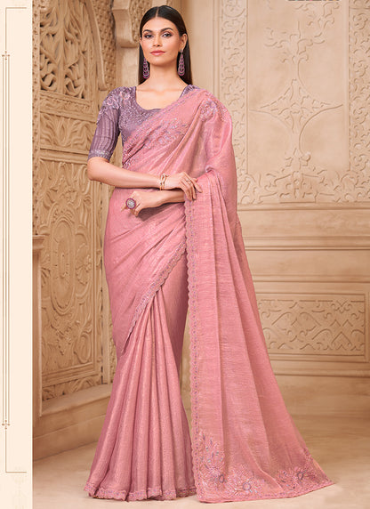 Georgette Light Pink Party Wear Embroidery Work Saree 385714