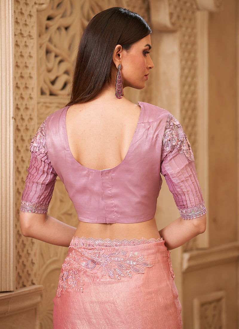 Georgette Light Pink Party Wear Embroidery Work Saree 385714