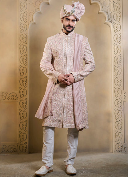 Light Pink Heavy Silk Heavy Embroidery Work Groom Wear Readymade Groom Sherwani SW338706