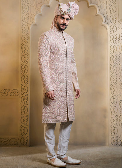 Light Pink Heavy Silk Heavy Embroidery Work Groom Wear Readymade Groom Sherwani SW338706