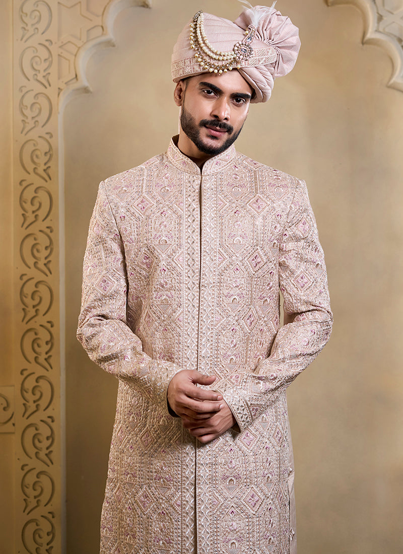 Light Pink Heavy Silk Heavy Embroidery Work Groom Wear Readymade Groom Sherwani SW338706