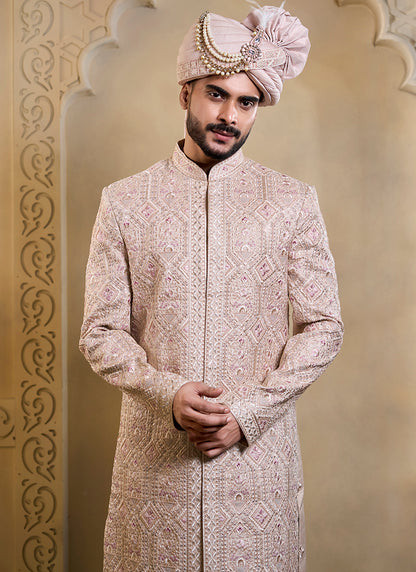 Light Pink Heavy Silk Heavy Embroidery Work Groom Wear Readymade Groom Sherwani SW338706
