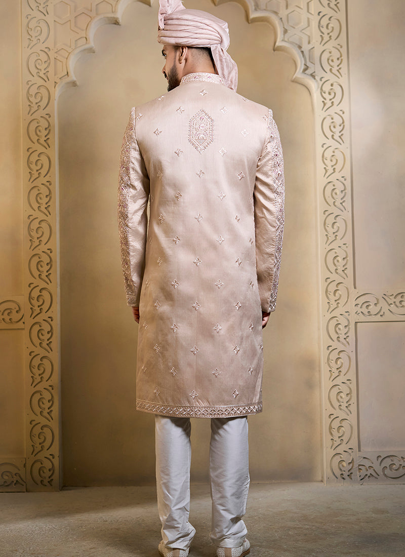 Light Pink Heavy Silk Heavy Embroidery Work Groom Wear Readymade Groom Sherwani SW338706
