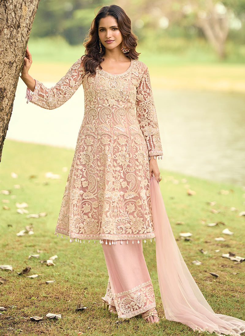 Light Pink Net Embroidery Work Eid Wear Readymade Plazzo Suit SW611166