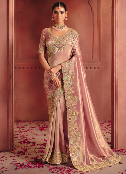 Light Pink Pure Smooth Zari Silk Embroidery Work Wedding Wear Saree SW124152