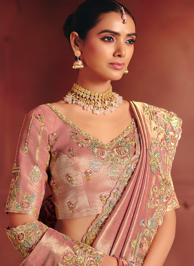 Light Pink Pure Smooth Zari Silk Embroidery Work Wedding Wear Saree SW124152