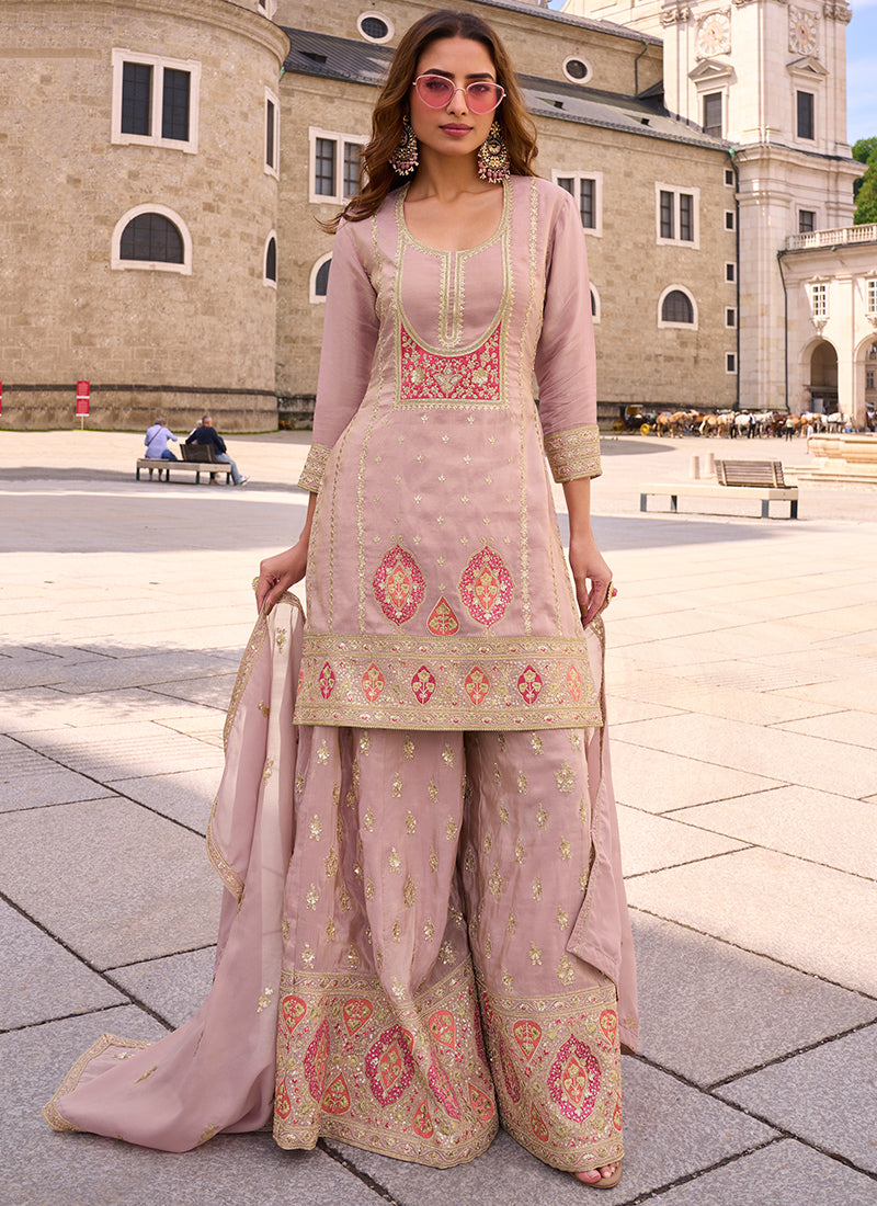 Light Pink Shimmer Silk Embroidery Work Occasional Wear Readymade Plazzo Suit SW319524
