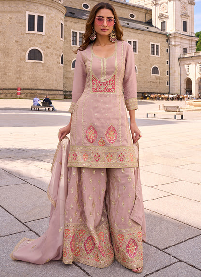 Light Pink Shimmer Silk Embroidery Work Occasional Wear Readymade Plazzo Suit SW319524