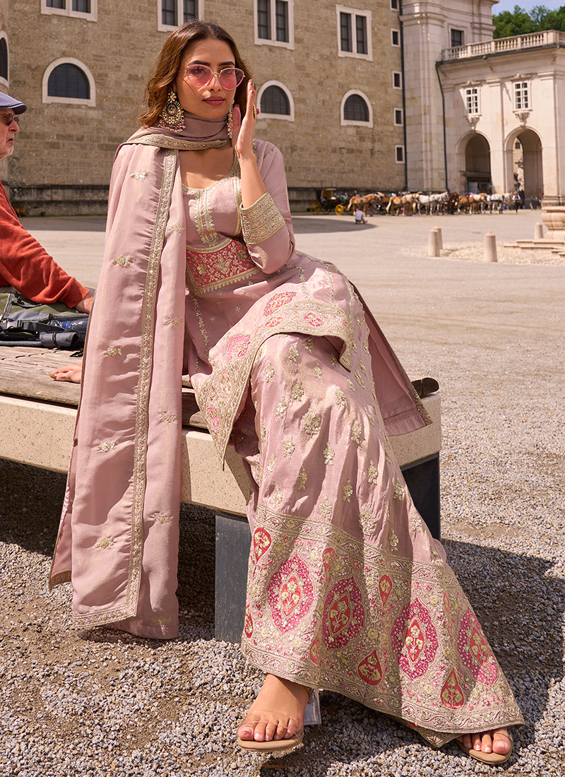 Light Pink Shimmer Silk Embroidery Work Occasional Wear Readymade Plazzo Suit SW319524
