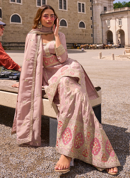 Light Pink Shimmer Silk Embroidery Work Occasional Wear Readymade Plazzo Suit SW319524