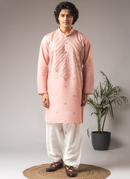 Light Pink Silk Blend Embroidery Work Festival Wear Readymade Kurta Pajama SW746258