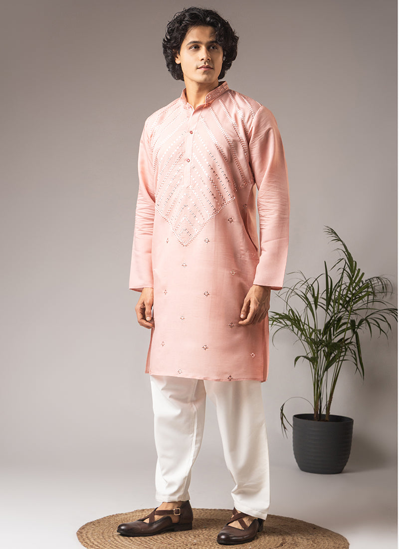 Light Pink Silk Blend Embroidery Work Festival Wear Readymade Kurta Pajama SW746258