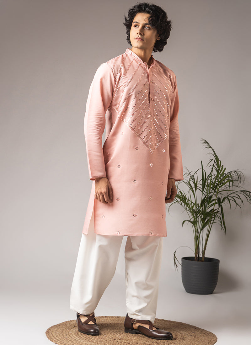 Light Pink Silk Blend Embroidery Work Festival Wear Readymade Kurta Pajama SW746258