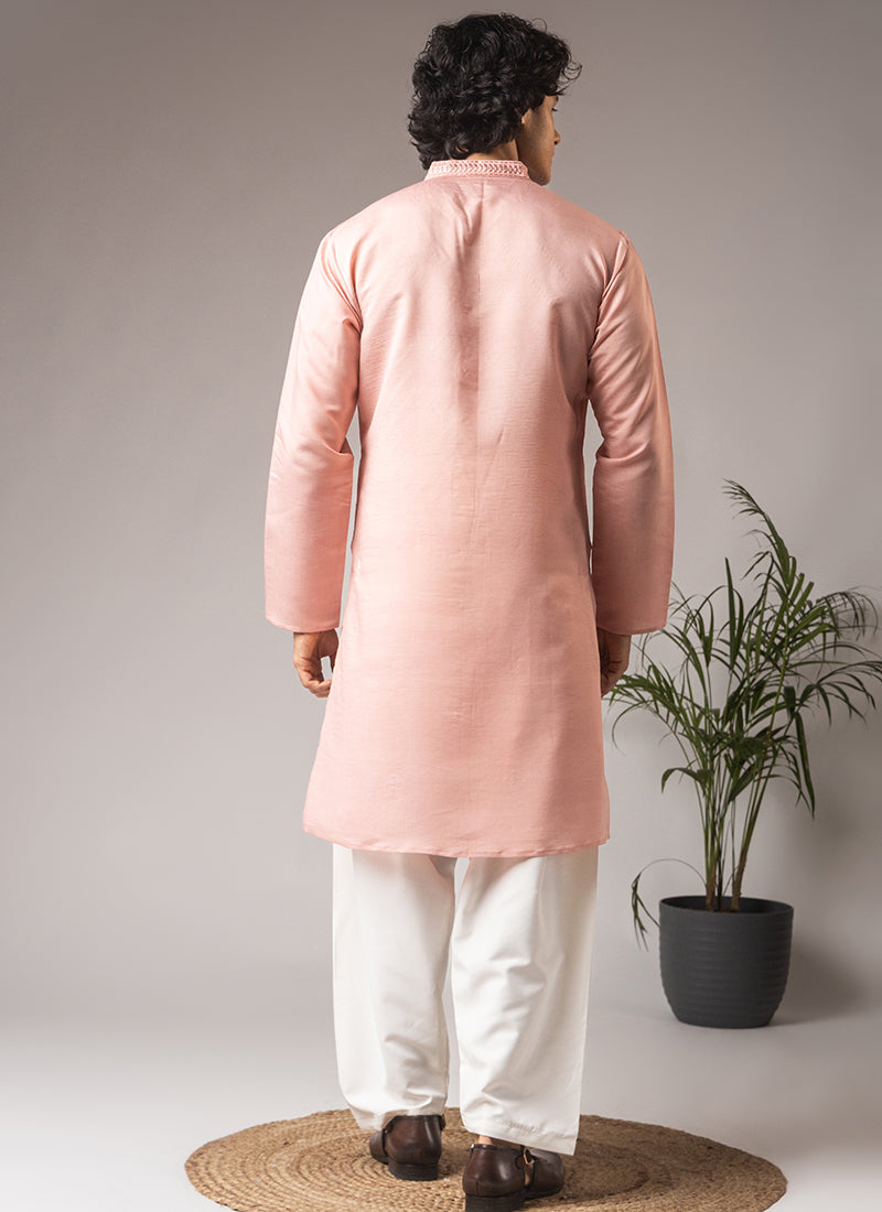 Light Pink Silk Blend Embroidery Work Festival Wear Readymade Kurta Pajama SW746258